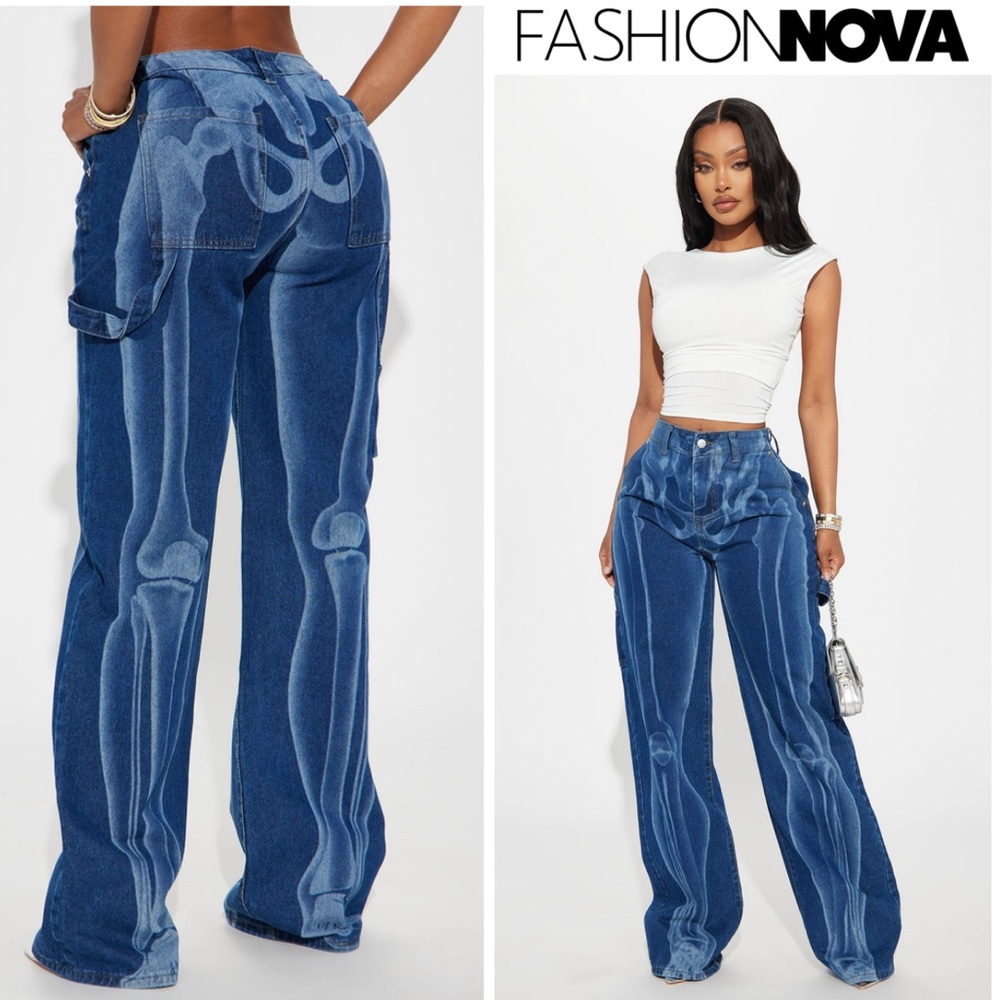 Fashion Nova Skeleton Blue Flare Wide Leg Jeans